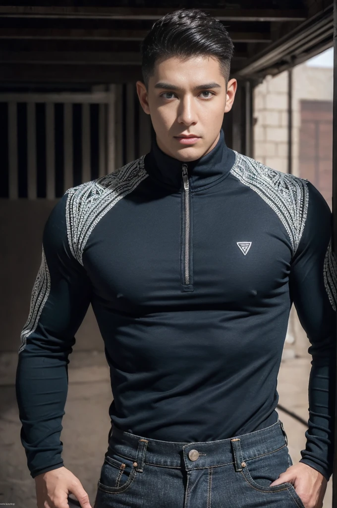 2 Men,Realistic, ((Masterpiece)), ((Best quality)), (Detailed), Cinematic, Dynamic lighting, soft shade, Detailed background, Professional photography, Depth of field, Intricate, Detailed face, Subsurface scattering, photo-realistic hair, Realistic eyes, Muscular, Manly, buzz cut,Handsome photo (Latino men), Mecha 4RMOR, Wear machinery, Glowing, Dynamic pose, Desert background,stubbles, Pants,The crotch is raised