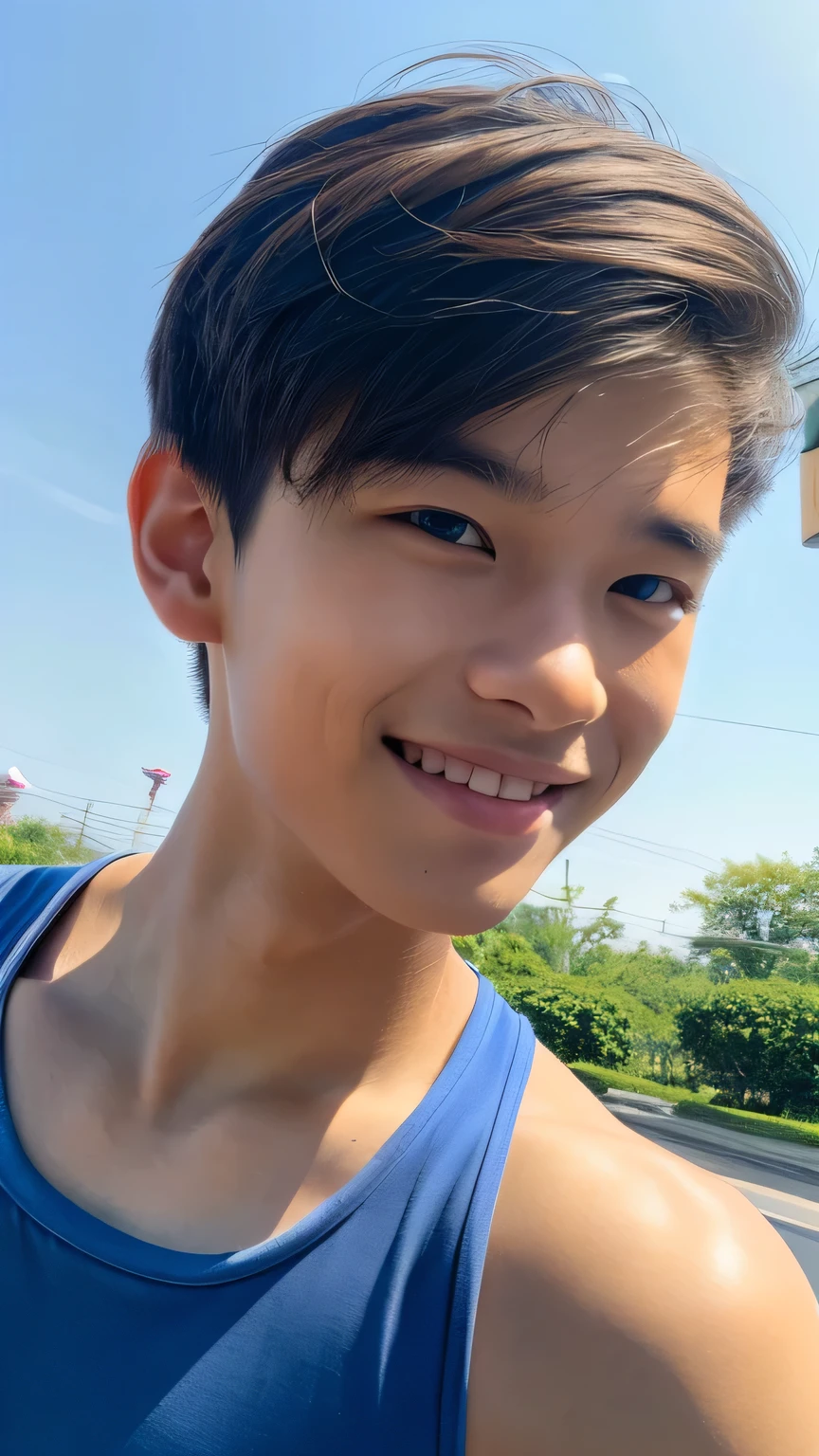 Highest quality, masterpiece, Ultra-high resolution, (Realistic: 1.4), Original photo, wallpaper, Head Photo, skin, Simple Background, Iris, detailed, Selfie, 1 boy, 18-year-old, good looking, Wind,Tank top,smile