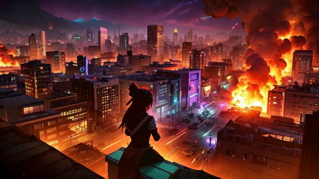 A picture taken from a video game shows a city destroyed by fire, city in ruins, fire, city on fire, purples, yellows, anime