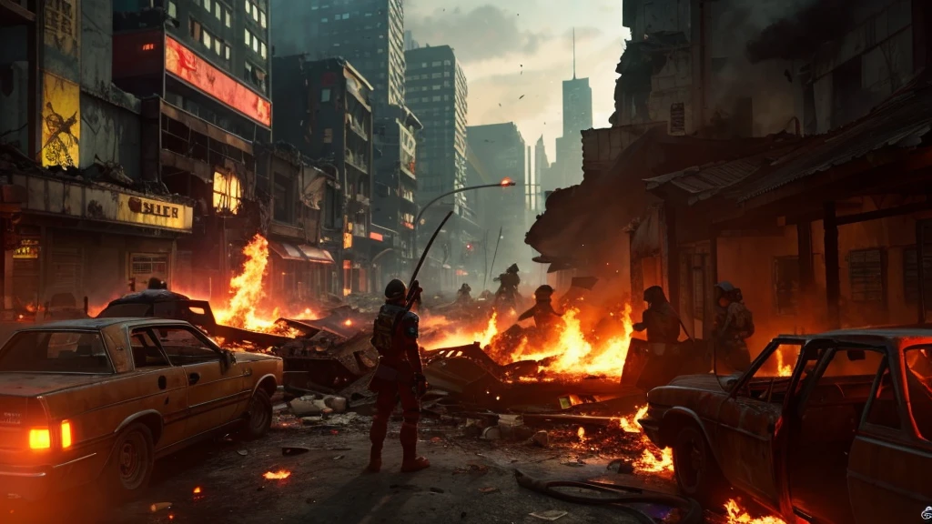 A picture taken from a video game shows a city destroyed by fire, city in ruins, fire, city on fire, purples, yellows, anime