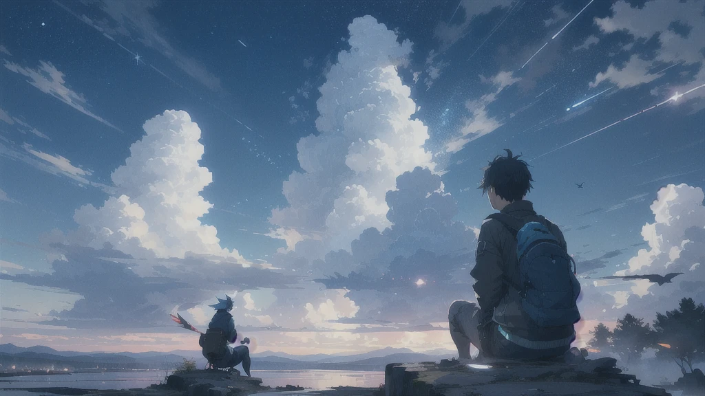 真っ暗なnight空,Octane, star (null), scenery, Blue parakeet,star, night, A girl and a boy  back to back, sit,Back view,Outdoor, city,Blue parakeet,building, cloud, 天のriver,silhouette