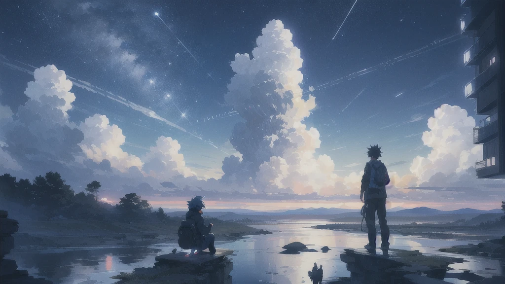 真っ暗なnight空,Octane, star (null), scenery, Blue parakeet,star, night, A girl and a boy  back to back, sit,Back view,Outdoor, city,Blue parakeet,building, cloud, 天のriver,silhouette