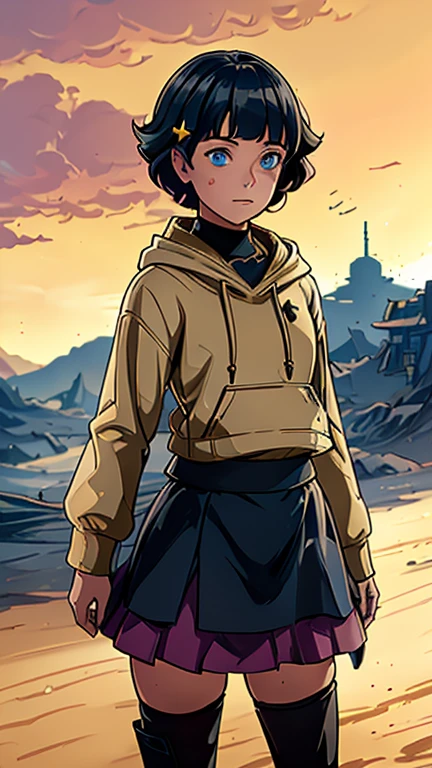 (Teens:1girl: himawari,Star Wars), (extremely detailed CG unit 8k wallpaper),(master part), (best quality), (ultra detali), (best illustration),(melhor ombre), cowboy shot, (Sharp eyeliner, ombre, detailedeyes:1), Konoha Village background, ,break , (star15escola:1.2), hair ornament,short hair ,dark blue hair, Cameltoe, hoodie, hima-skirt, black stockings