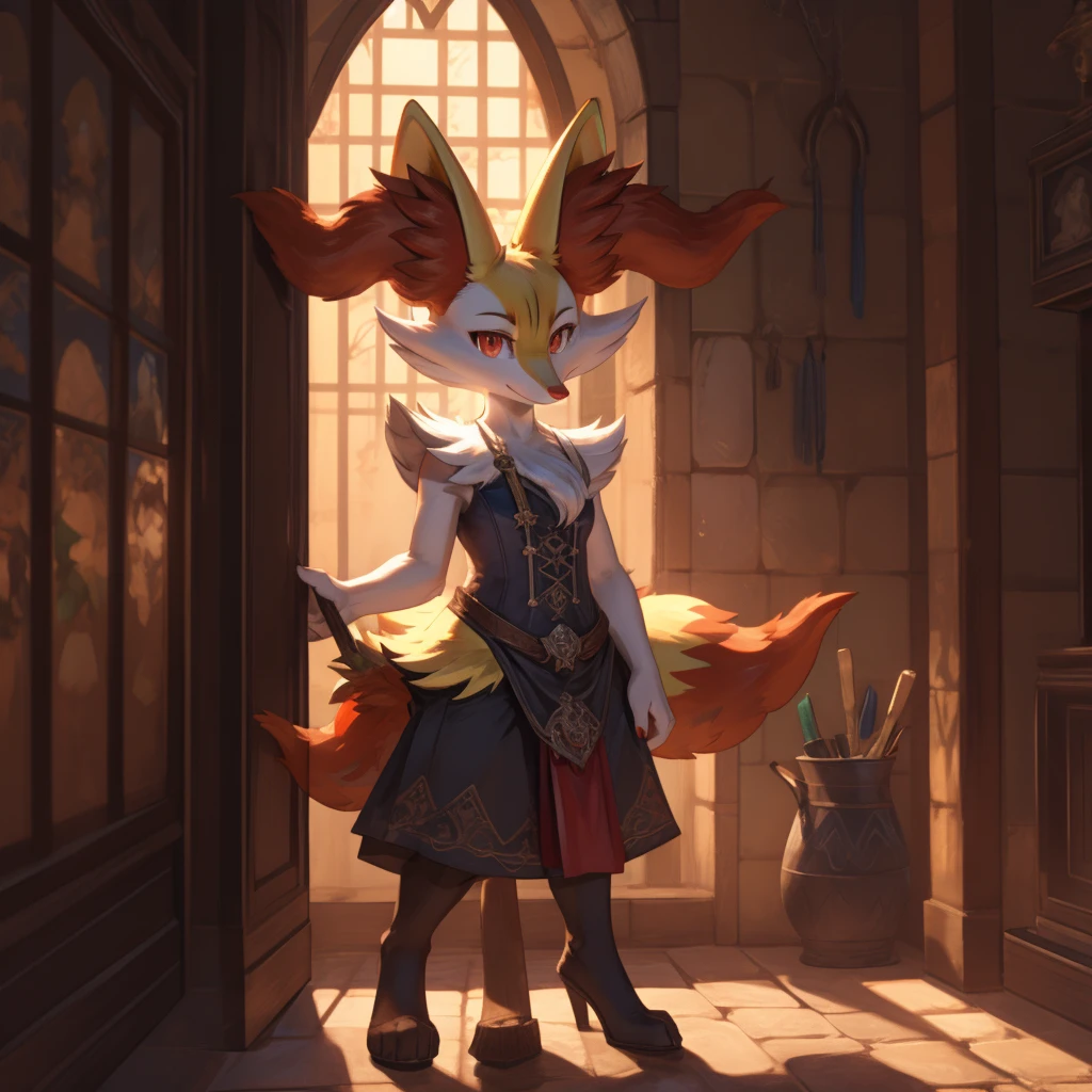 Pokémon, a female braixen, solo, breasts, ruby eyes, standing, bedchambers, Fancy dress, medieval setting, smiling, daytime