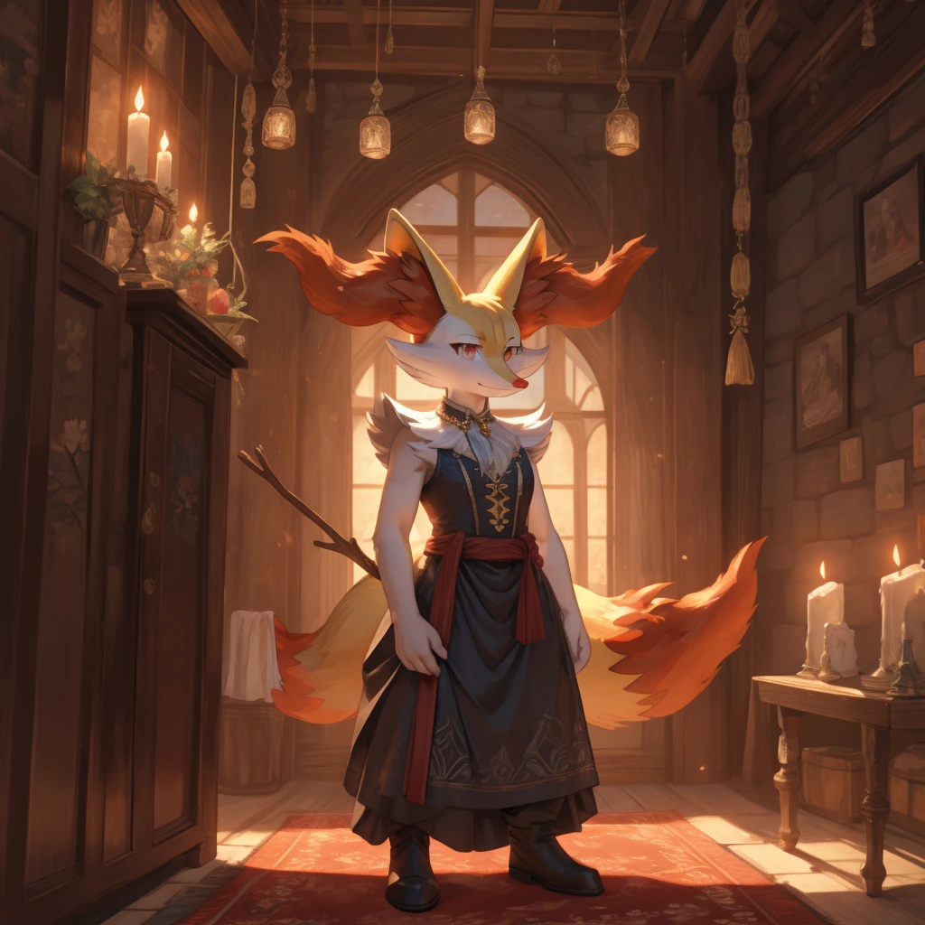 Pokémon, a female braixen, solo, breasts, ruby eyes, standing, bedchambers, Fancy dress, medieval setting, smiling, daytime