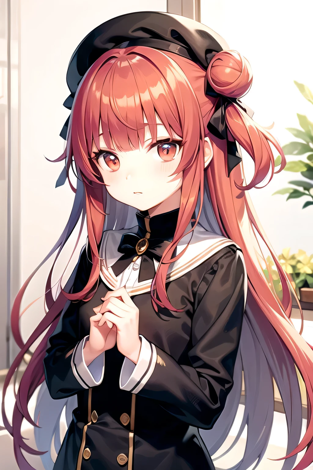 anime, young girl, blunt bangs, red hair, expressionless, , hairpin, very long, hair bun, one side up, hair bun, straight hair, hair ribbon, beret hat