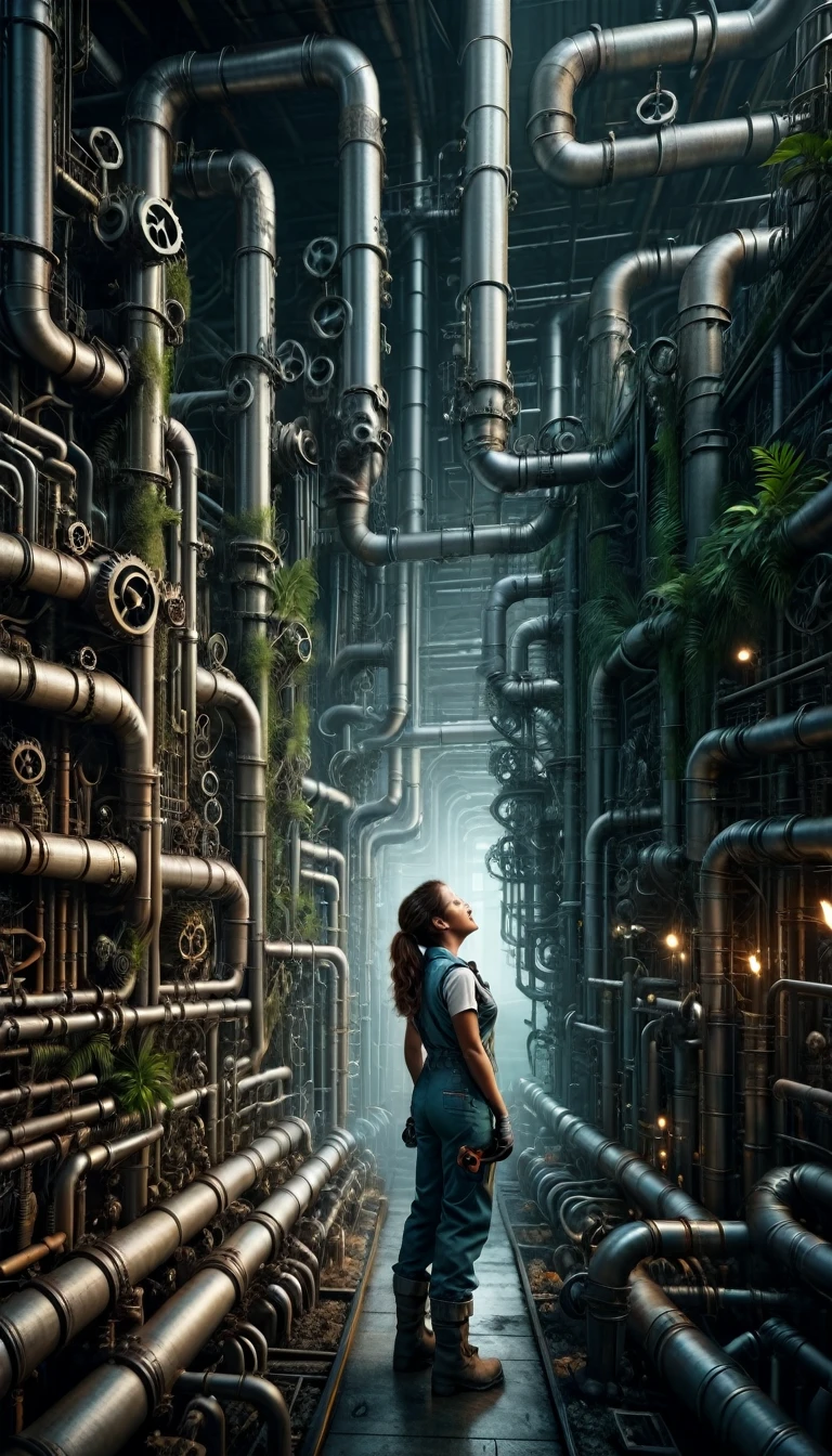 pipe jungle, industrial pipes, architecture made up of pipes and valves, tubular creature, vertical wallpaper, Huge maze of pipes spread highly inside the factory, steam blowing out, A female worker holding toolbox is looking up, POV, in the glow of soft, cinematic light