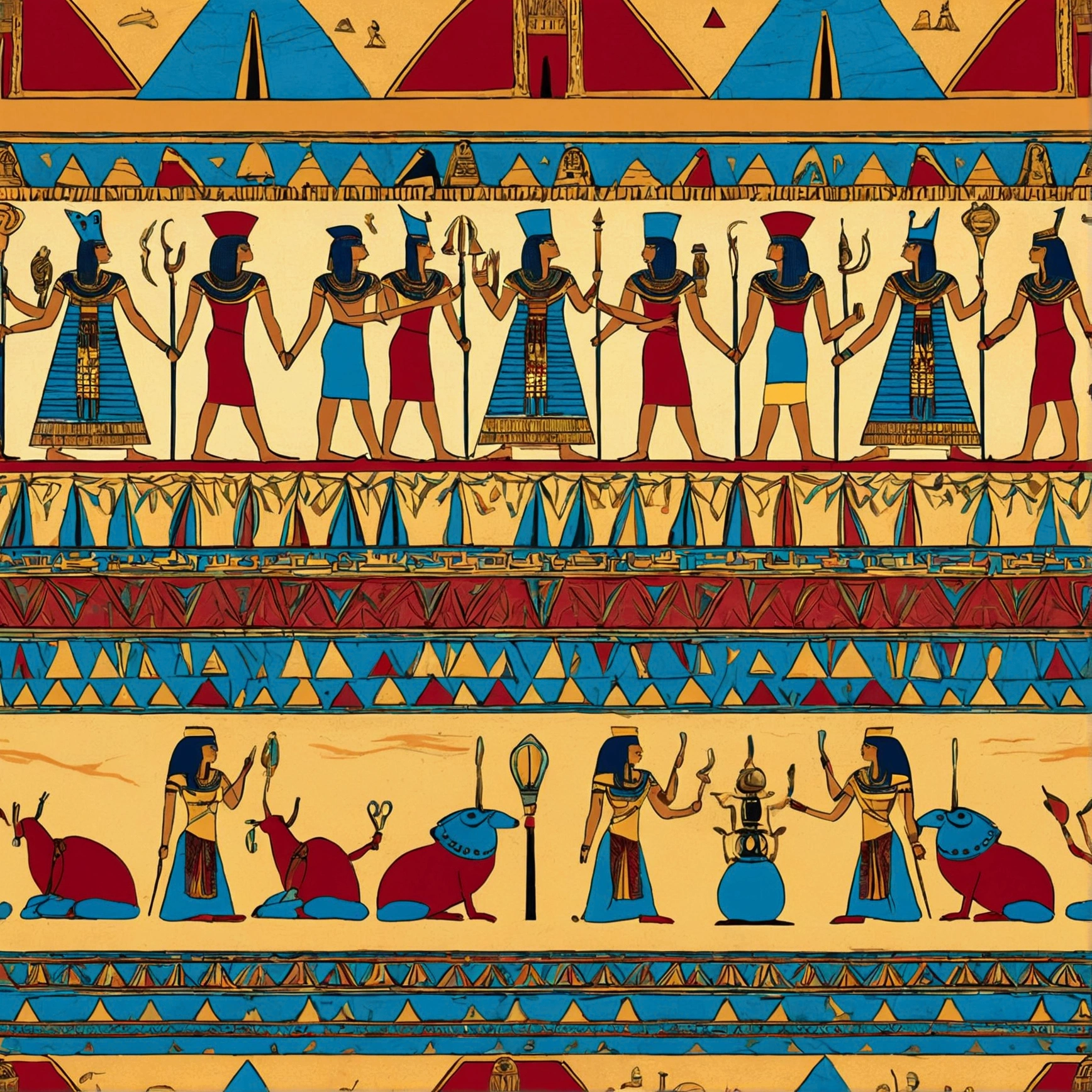 Create a background that represents Egyptian culture, with hieroglyphs that include Nefertiti's crown and symbols of beauty, like the lotus flower and the beetle. Use a vibrant color palette, incluindo azul, gold and red. Ao fundo, include silhouettes of pyramids and temples, with a mystical atmosphere that evokes the spirituality of Ancient Egypt