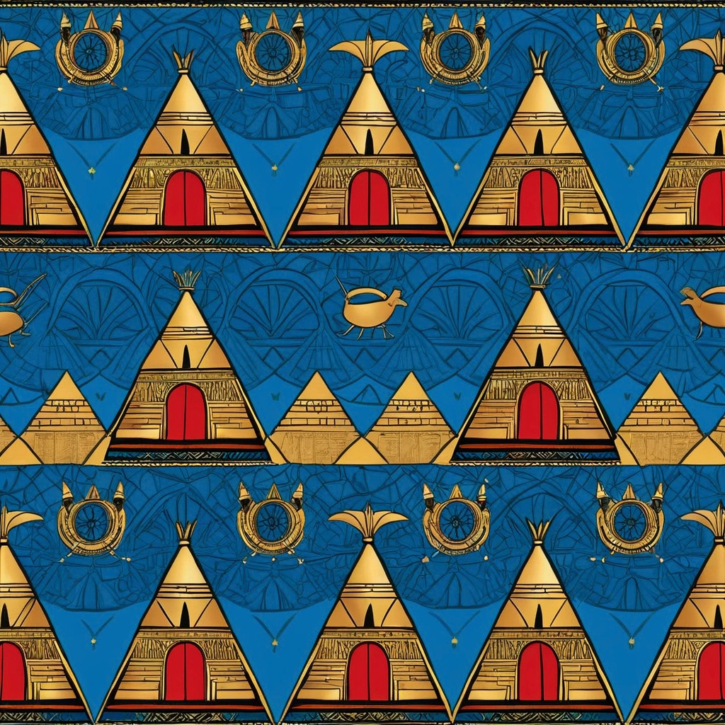 Create a background that represents Egyptian culture, with hieroglyphs that include Nefertiti's crown and symbols of beauty, like the lotus flower and the beetle. Use a vibrant color palette, incluindo azul, gold and red. Ao fundo, include silhouettes of pyramids and temples, with a mystical atmosphere that evokes the spirituality of Ancient Egypt