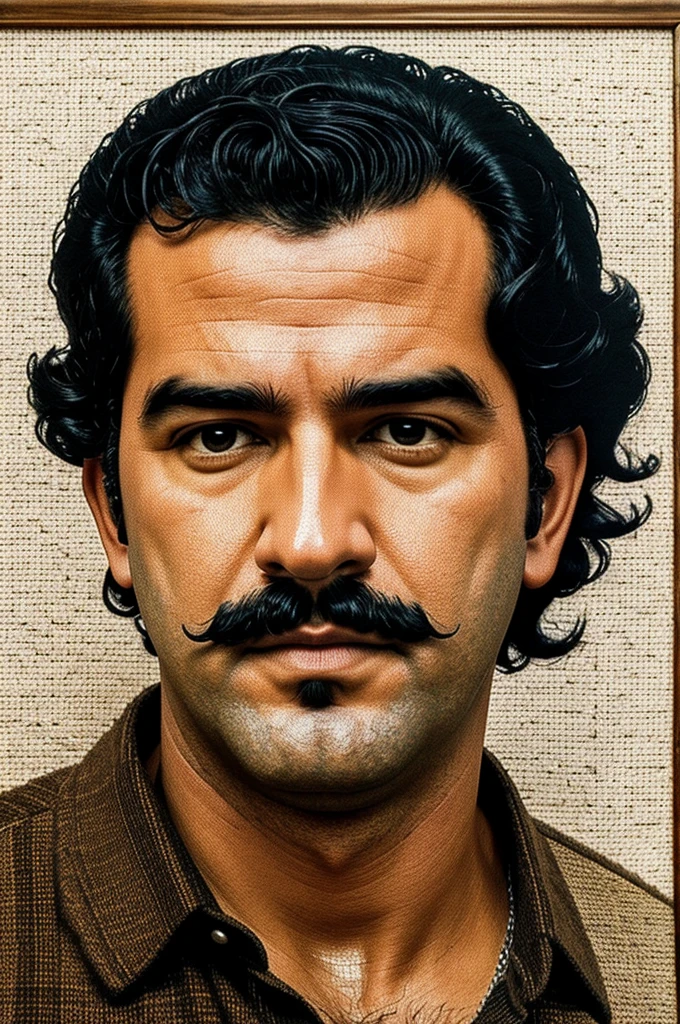 The face of Pablo Escobar Gaviria in cross stitch 
