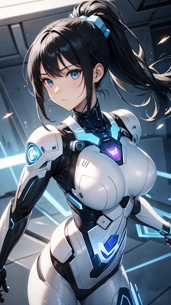 White cyborg suit、、beautiful girl、ponytail、Black Hair、fight、blue beam、H Cup、Sparks fly,