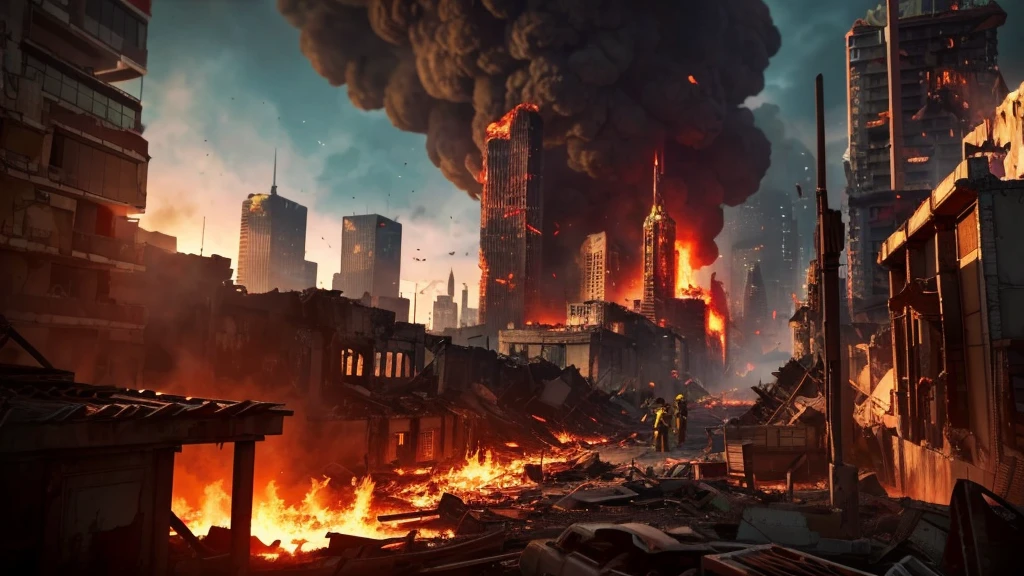 A picture taken from a video game shows a city destroyed by fire, city in ruins, fire, city on fire, purples, yellows, anime styled, background burned city