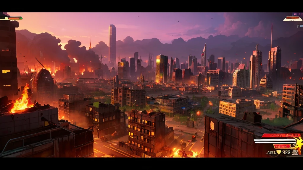 A picture taken from a video game shows a city destroyed by fire, city in ruins, fire, city on fire, purples, yellows, anime styled, background burned city