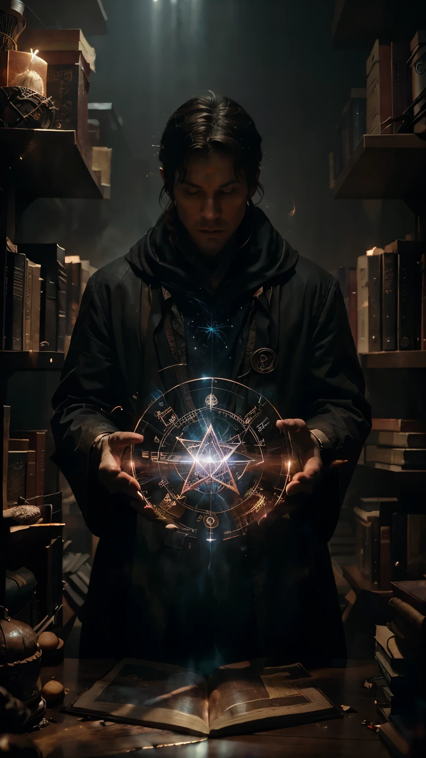 Sorcerer doing spells, Look at the camera, books floating in the background, illuminated magic symbols scattered around the sorcerer, background shelves with books in perspective, colored fog, enigmatic atmosphere, cinematic lighting. Artistic movie poster style photography.