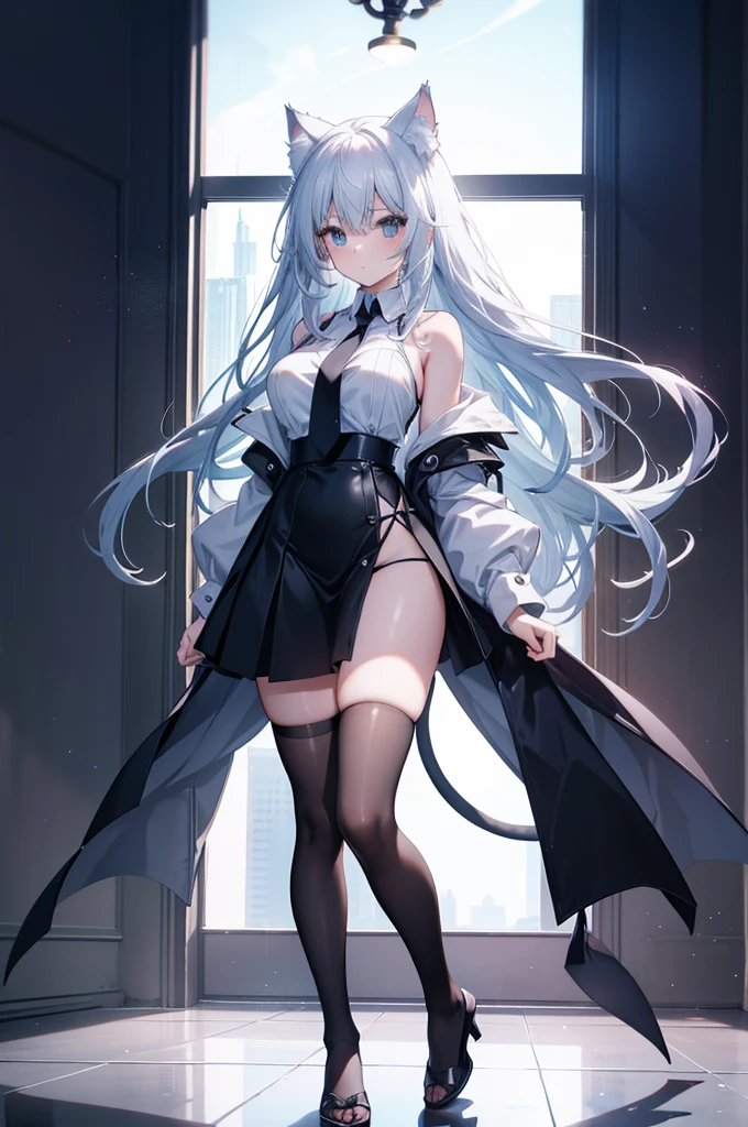 anime, 1 girl, cat girl, cat ears, perfect face, Radiant skin, Beautiful long flowing hair very huge breasts, Open breasts,Bare shoulders exposed, arms exposed, Slim toned body, seductive posture, standing, sexy pose, Slim white shirt with tie, Tight black skirt, High skirt, nylong stockings, five fingers, long legs, 8 k artistic photography, Conceptual art of photorealism, soft natural volumetric cinematic perfect light, epic, Trending on Artstationh, vibrant, Production of a cinematic character, very high quality model, Chiaroscuro