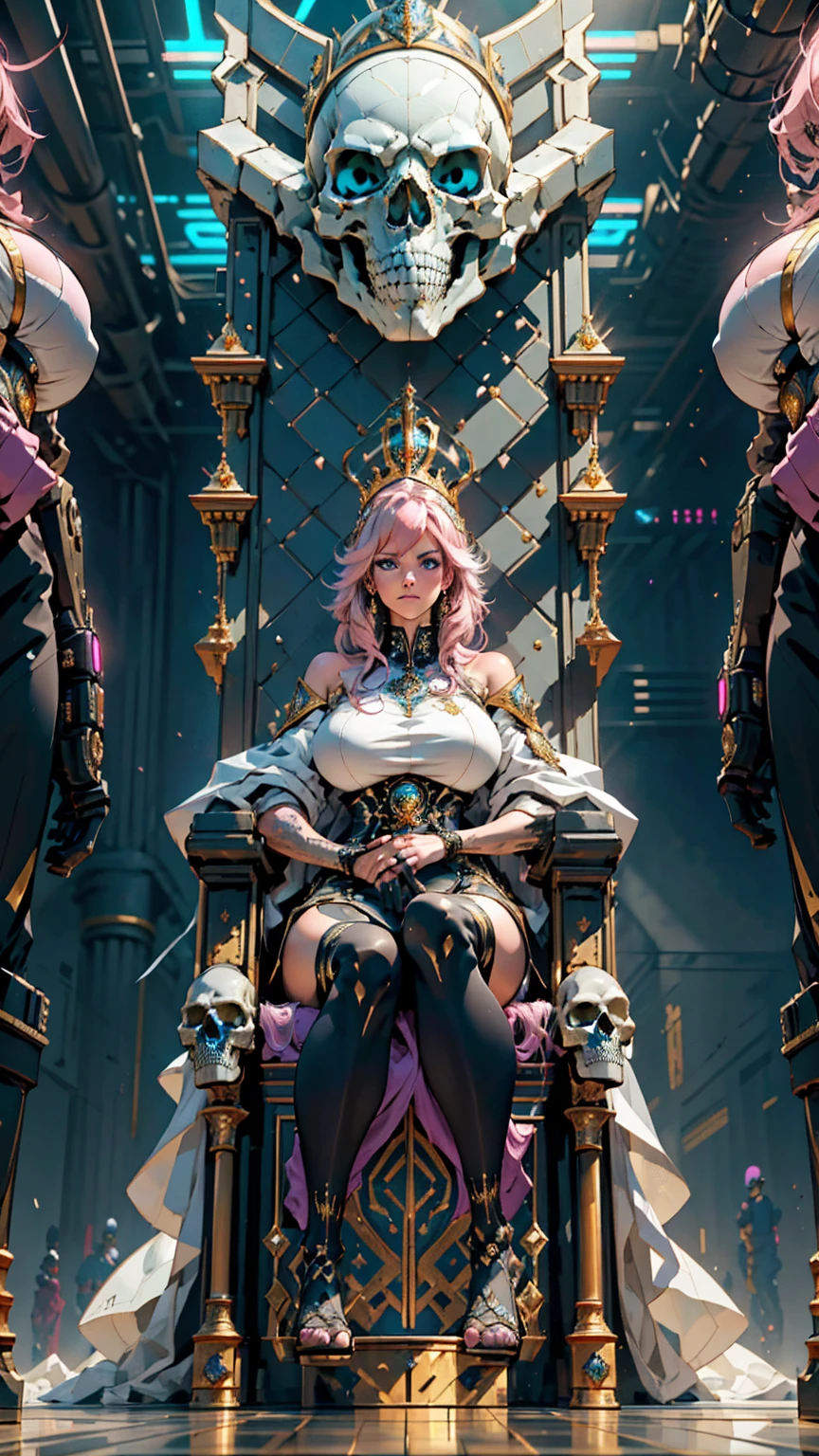 1 confident woman with floor-length pink hair, huge and big breasts, Futuristic royal costume in white with black and gold details, tall woman, blue detailed eyes, sitting on the throne of skulls , judgmental look, golden metal skulls, sovereign pose, cyberpunk queen