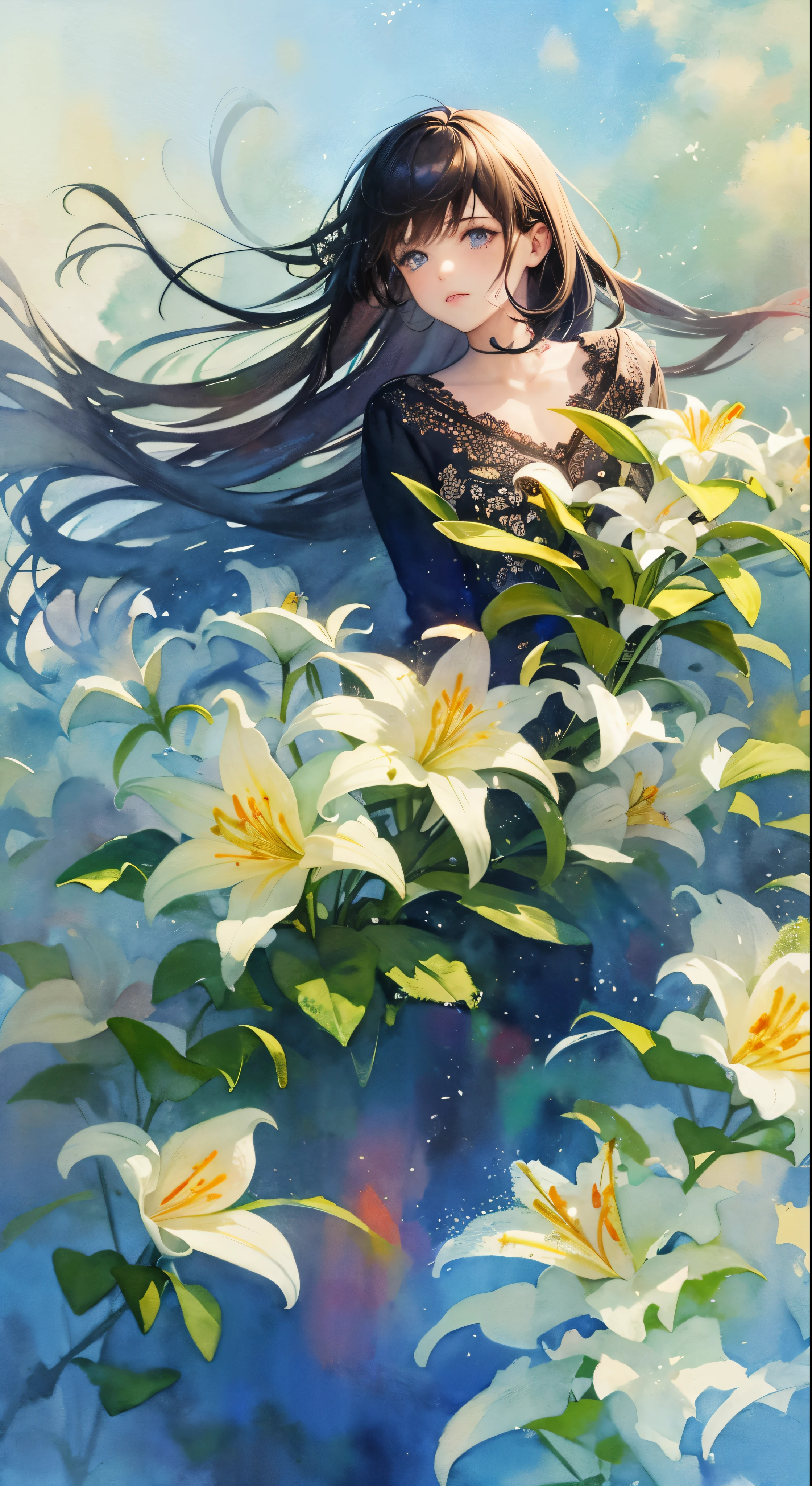 wtrcolor style, digital art of (lilies), official art, blown by the wind, masterpiece, beautiful, ((watercolor)), paint splatter, intricate details. Great detail, [dripping:0.5], trending on Artstation, Rachel Walker