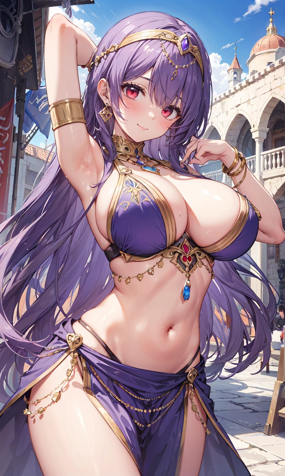 high quality, ultra detailed, best quality, insanely detailed, beautiful, masterpiece, 1girl, medieval plaza, cowboy shot, red eyes, long hair, purple hair, belly dancer, circlet, earrings, armlets, bracelets, bashful smile, large breasts, cleavage, soft stomach