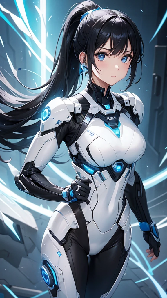 White cyborg suit、17 years old、beautiful girl、ponytail、Black Hair、fight、blue beam、H Cup、Sparks fly,