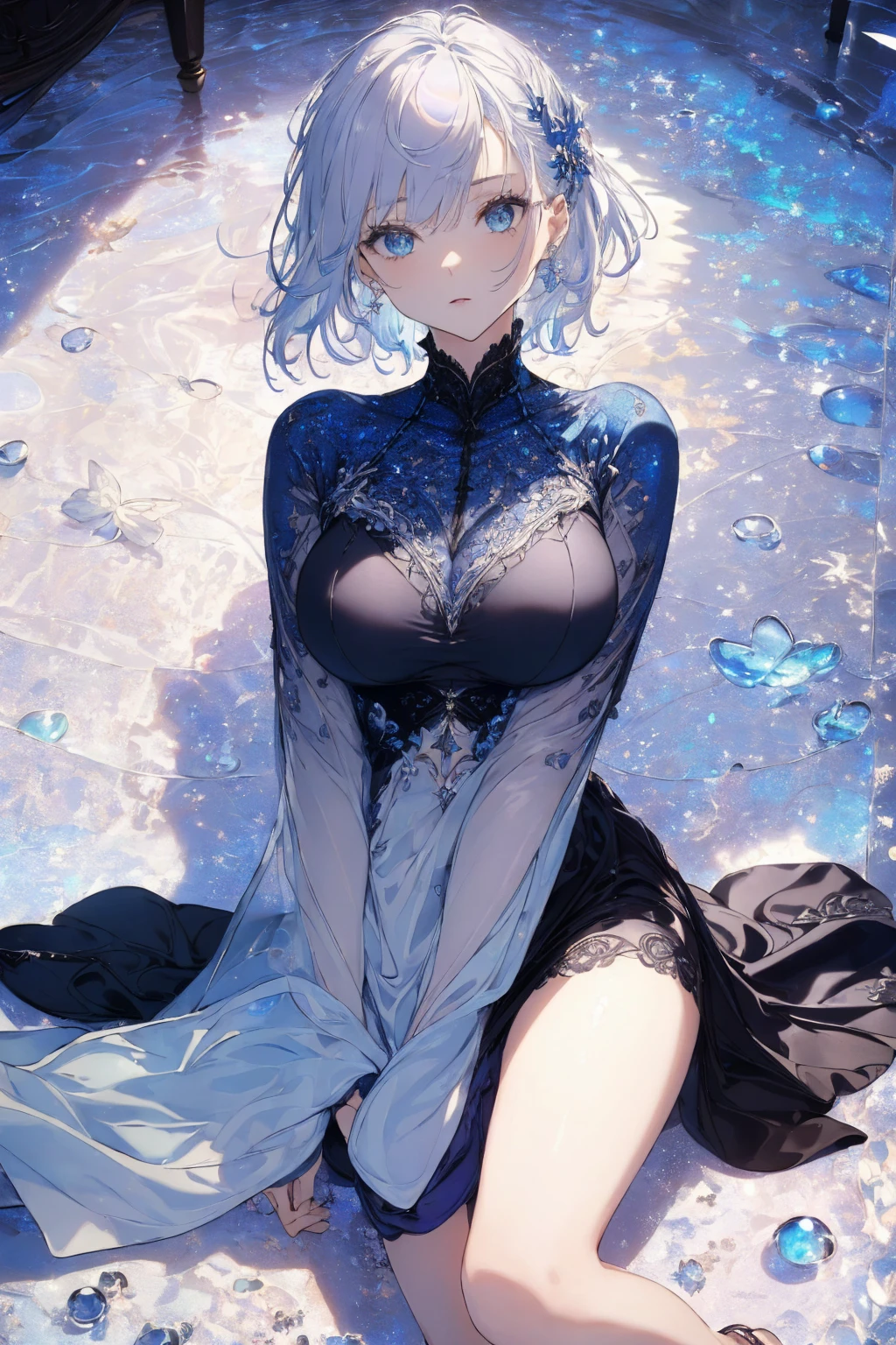 (summer clothing photo:1.1, in blue waterfront:1.5), Masterpiece, best quality, (very detailed CG unity 8k wallpaper), (best quality), High definition RAW color art, Animation,sculptures, (black Marble Skin), (((Ultra detailed elegant))), Magical atmosphere, Detailed skin, Texture,(Intricately detailed, Fine detail, ultra-detail art), depth of fields, bokeh, Silky Touch, Hyper Detail, beautiful eyes, elegant face, (lying on white glass floor), sparkle background, enormous breast:1.3, (silver hair), pastel purple, embarrassing face, short hair, No sleeve, Light clothing