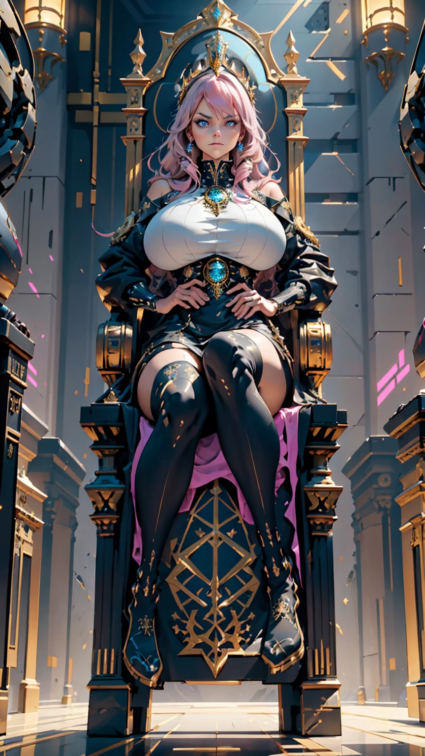 1 confident woman with floor-length pink hair, huge and big breasts, Futuristic royal costume in white with black and gold details, tall woman, blue detailed eyes, sitting on throne of skulls , judgmental look, golden metal skulls, sovereign pose, cyberpunk queen