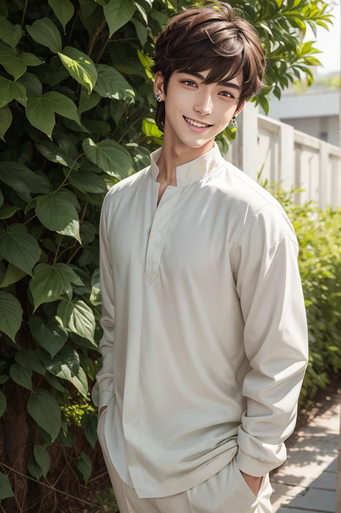 Anime man with dark brown hair, one green eye and one brown eye with a smile, 1 earring in his left ear and white clothes