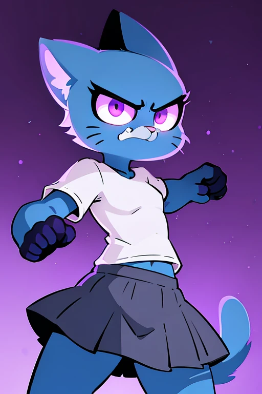 nicolewatterson, cat, blue fur, white shirt, gray skirt, angry, purple glowing eyes, purple rays, darken background