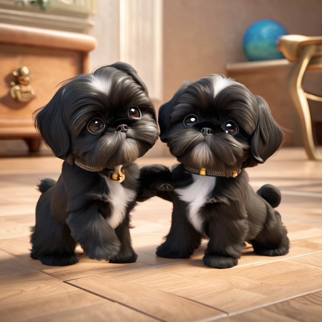 2 Adorable small black Shih Tzu puppies wrestling Disney background 3d cartoon 3d render disney pixar styleundefined, undefined, undefined, undefined,