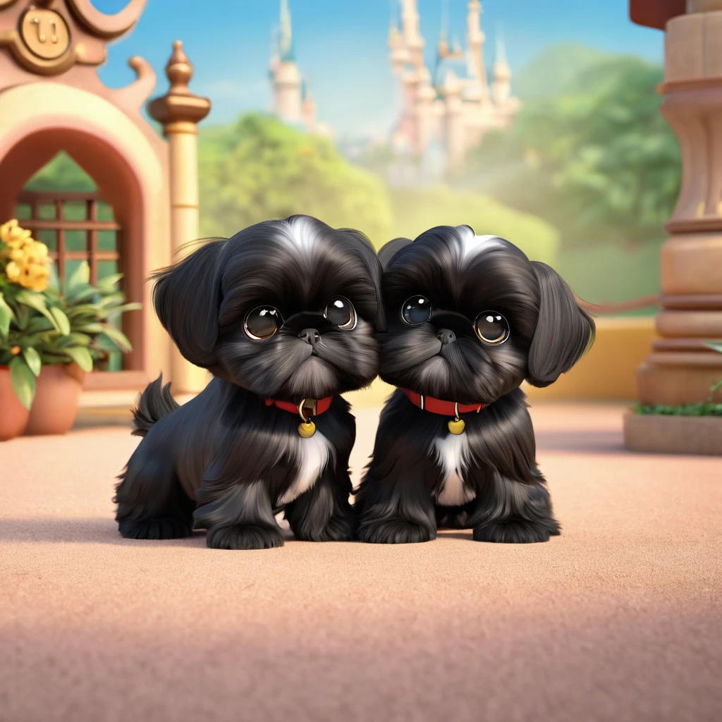 2 Adorable small black Shih Tzu puppies wrestling Disney background 3d cartoon 3d render disney pixar styleundefined, undefined, undefined, undefined,
