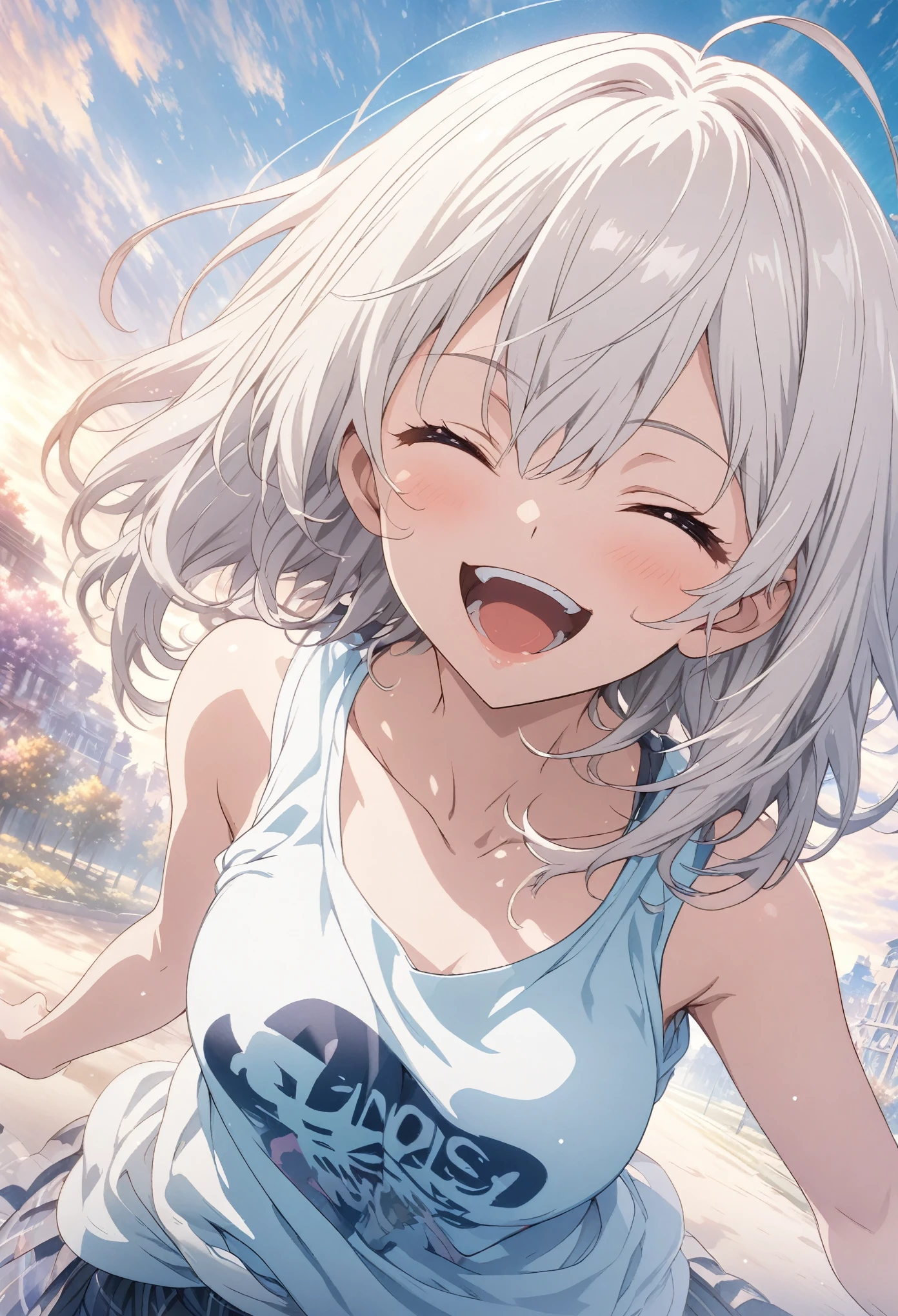 masterpiece, Highest quality, Highly detailed CG Unity 8k wallpaper, High  Girl Anime Illustration. Wear an oversized tank top、Fist bumpのポーズをしている、she has her eyes closed and mouth open, smile. The background is a light pastel colored landscape., White hair color