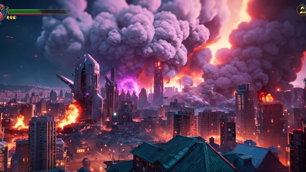 A picture taken from a video game shows a city destroyed by fire, city in ruins, fire, city on fire, purple, dreamy, anime styled, background burned city, smoke clouds