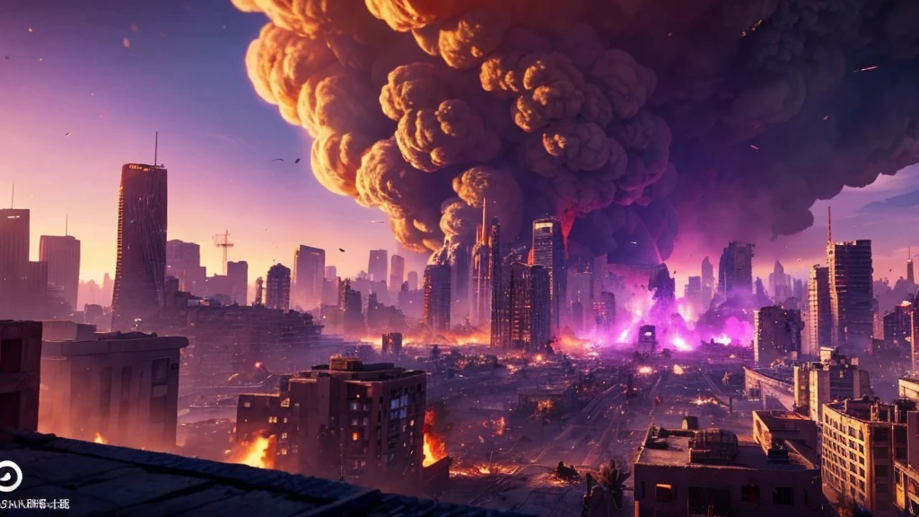 A picture taken from a video game shows a city destroyed by fire, city in ruins, fire, city on fire, purple, dreamy, anime styled, background burned city, smoke clouds