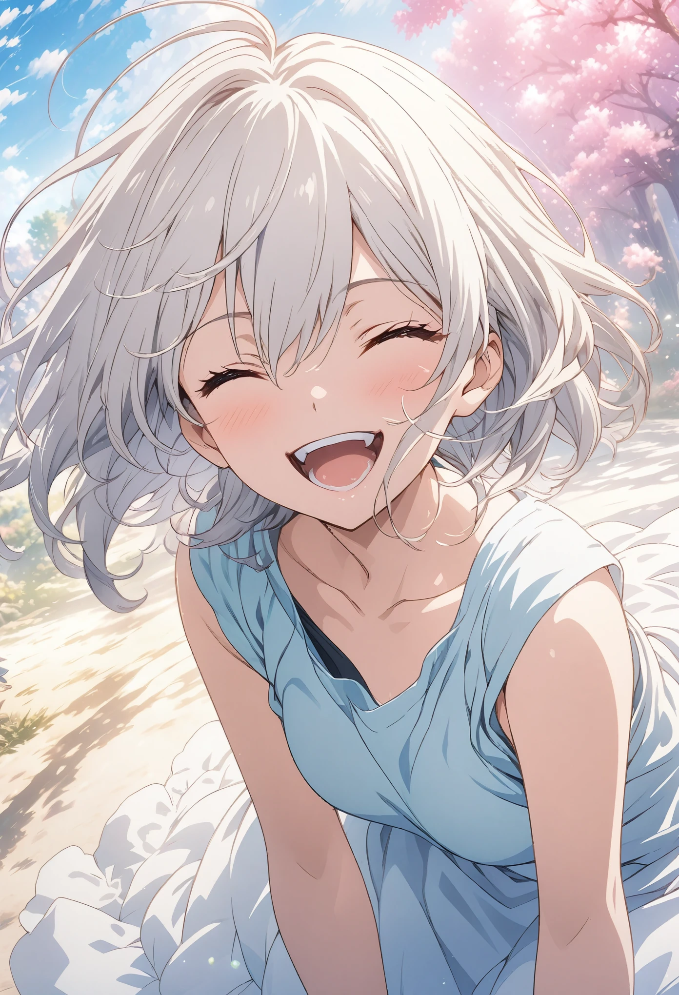 masterpiece, Highest quality, Highly detailed CG Unity 8k wallpaper, High School Girl Anime Illustration. Wear an oversized tank top、Fist bumpのポーズをしている、she has her eyes closed and mouth open, smile. The background is a light pastel colored landscape., White hair color