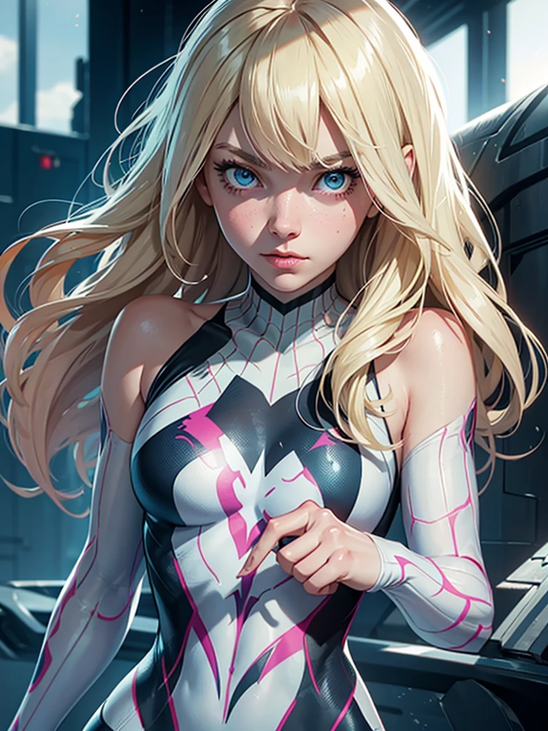 Behind, (masterpiece), Best quality, expressive eyes, perfect face, a high resolution, 1 girl, One, gwen stacy, SPIDER GWEN, Spider-Gwen Costume, Body, without masks, blonde hair, standing, portrait, I look at the viewer, 