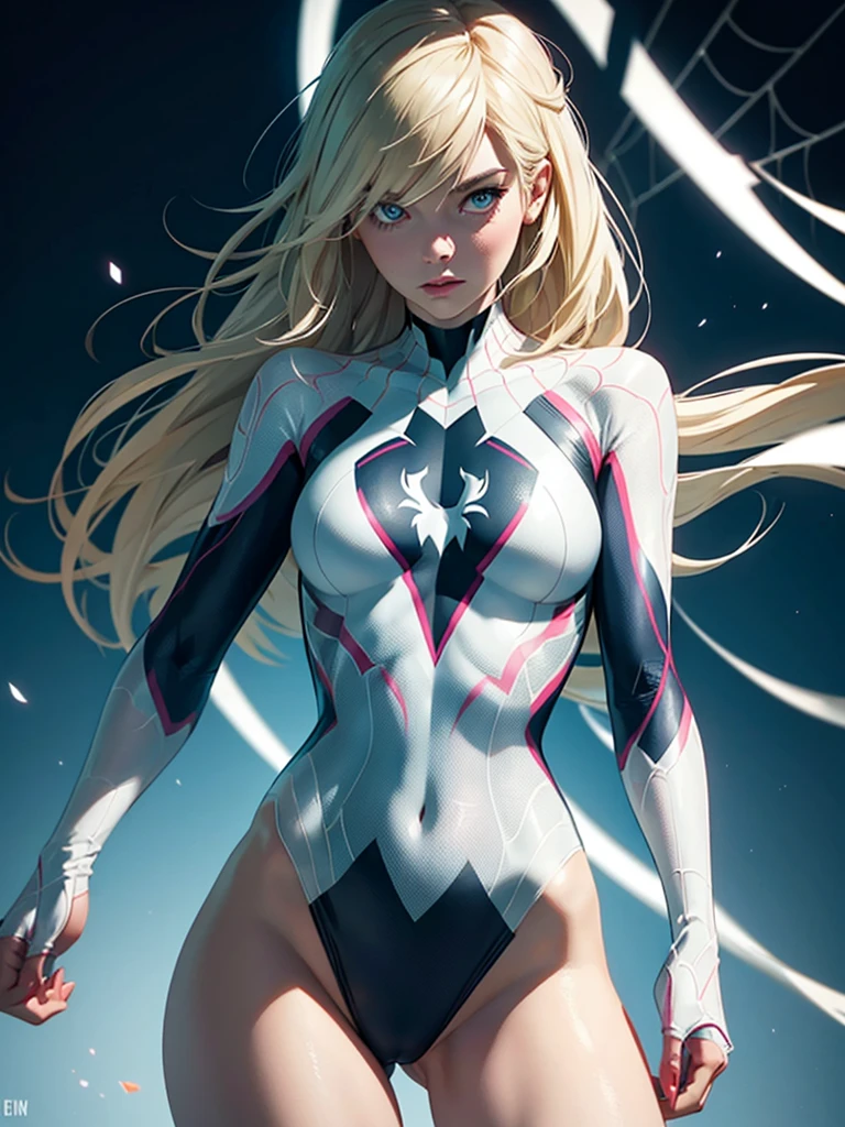 Behind, (masterpiece), Best quality, expressive eyes, perfect face, a high resolution, 1 girl, One, gwen stacy, SPIDER GWEN, Spider-Gwen Costume, Body, without masks, blonde hair, standing, portrait, I look at the viewer,