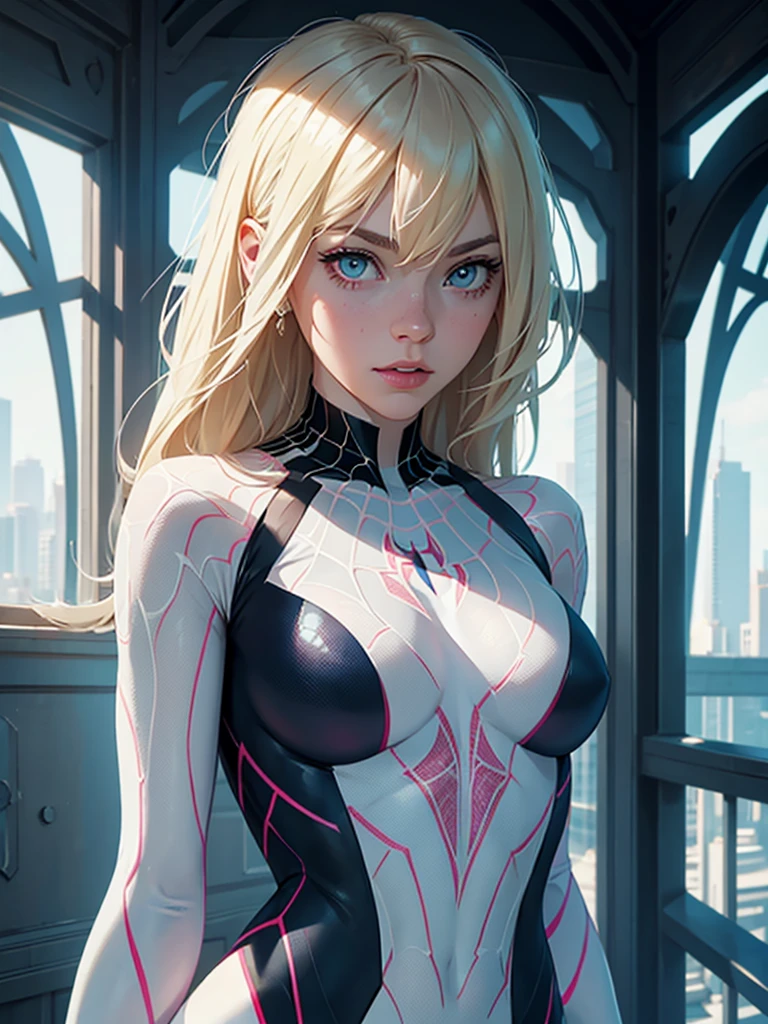 Behind, (masterpiece), Best quality, expressive eyes, perfect face, a high resolution, 1 girl, One, gwen stacy, SPIDER GWEN, Spider-Gwen Costume, Body, without masks, blonde hair, standing, portrait, I look at the viewer,
