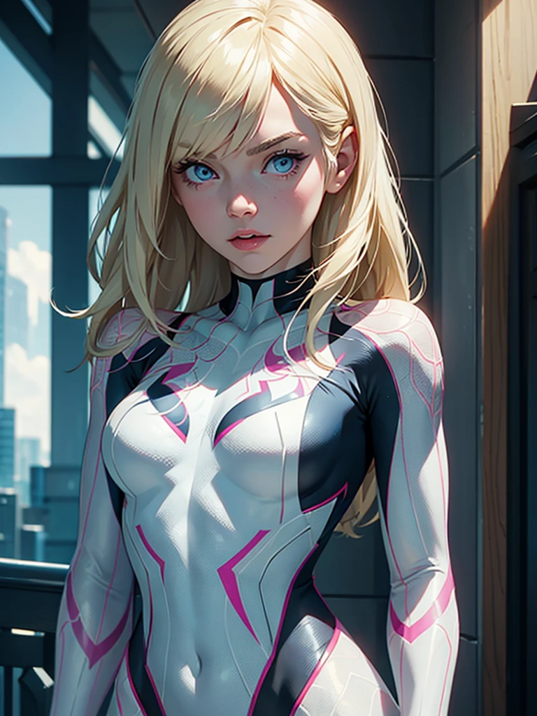 (masterpiece), Best quality, expressive eyes, perfect face, a high resolution, 1 girl, One, Gwen Stacy, SPIDER GWEN, Spider-Gwen Costume, Body, without masks, blonde hair, standing,