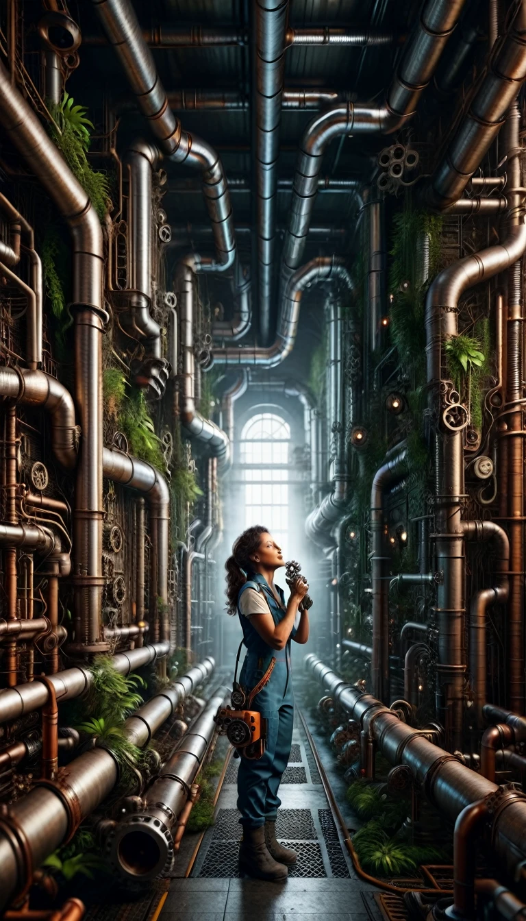 pipe jungle, industrial pipes, architecture made up of pipes and valves, tubular creature, vertical wallpaper, Huge maze of pipes spread highly inside the factory, steam blowing out, A female worker holding toolbox is looking up, POV, in the glow of soft, cinematic light