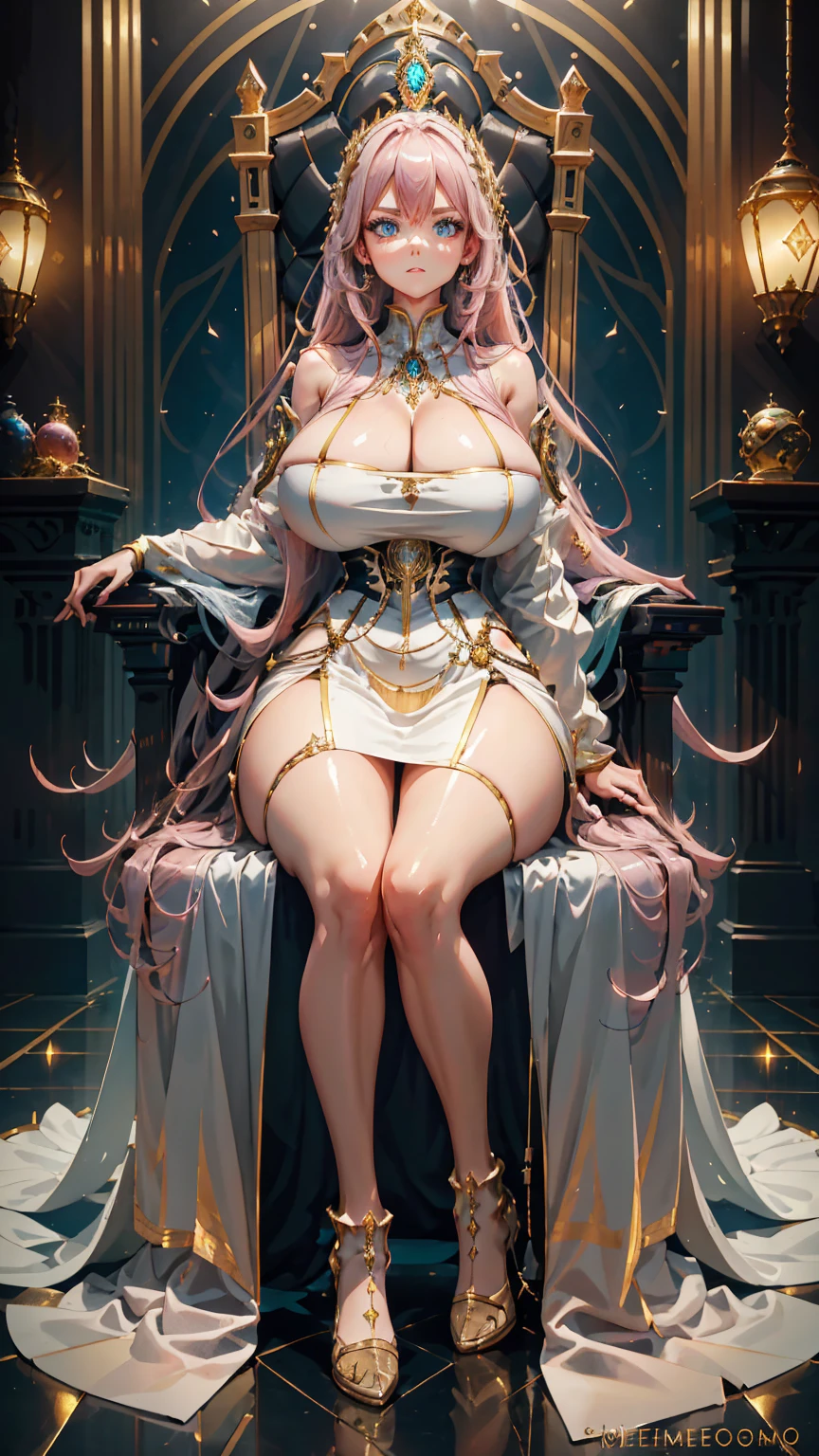 1 confident woman with floor-length pink hair, huge and big breasts, Futuristic royal costume in white with black and gold details, tall woman, blue detailed eyes, sitting on the throne of skulls , judgmental look, golden metal skulls, sovereign pose, cyberpunk queen