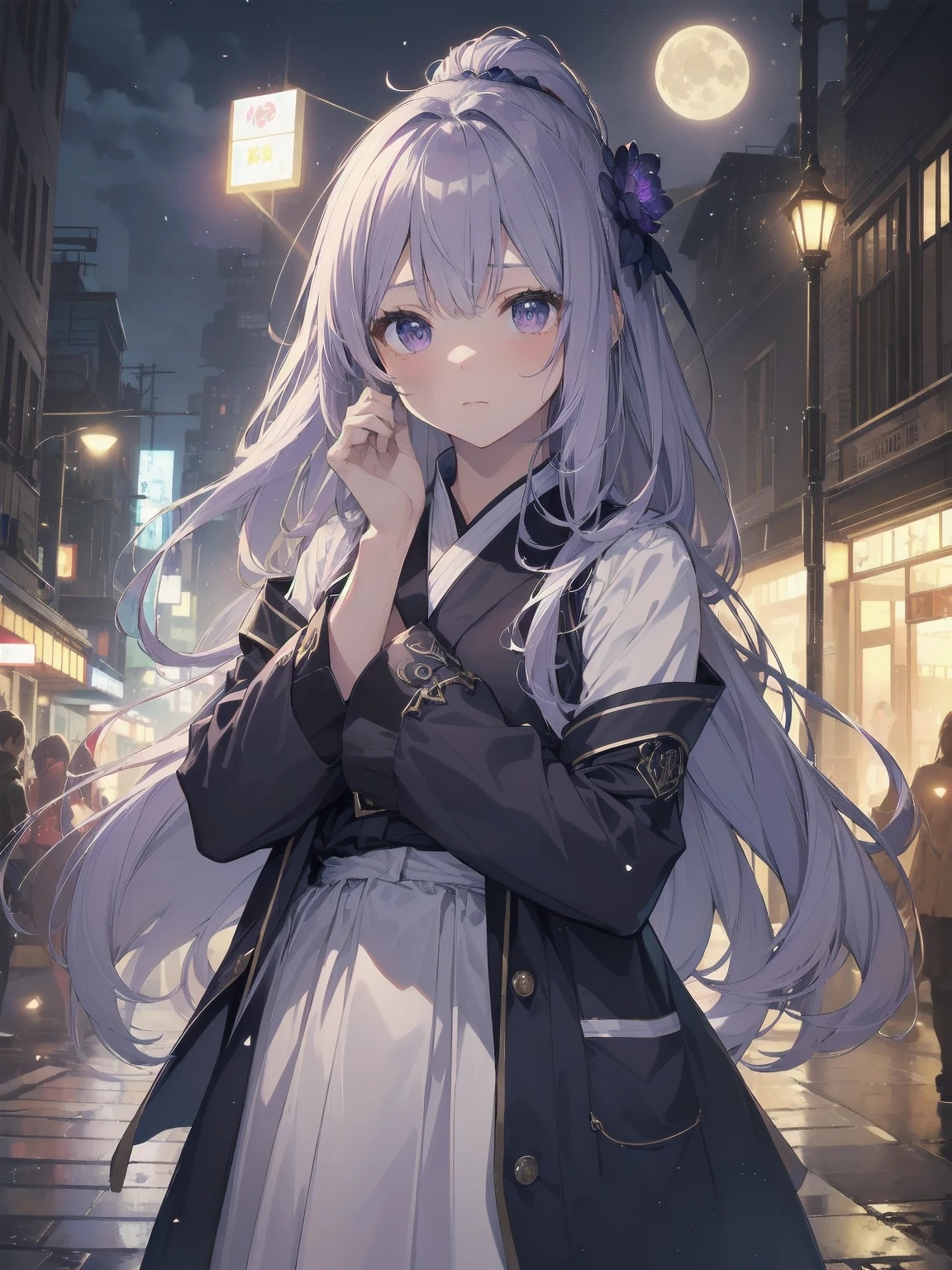 masterpiece, 8k, Highest quality, Very detailed, Purple & A beautiful girl in a blue magical robe with a moon motif、Close-up on the characters、(building, city、A dense fog of fluorescent particles、１８００Era、Western style、Fiction、grow、Overwhelming、Detailed street）、A beautiful girl with a beautiful background and a super cute pose