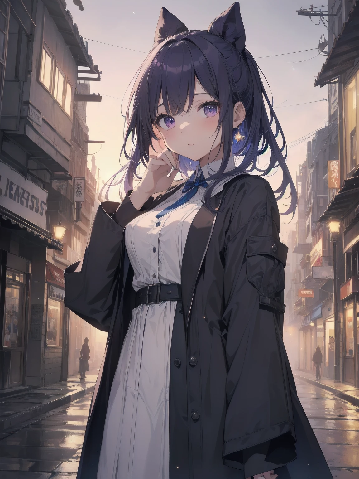 masterpiece, 8k, Highest quality, Very detailed, Purple & A beautiful girl in a blue magical robe with a moon motif、Close-up on the characters、(building, city、A dense fog of fluorescent particles、１８００Era、Western style、Fiction、grow、Overwhelming、Detailed street）、A beautiful girl with a beautiful background and a super cute pose