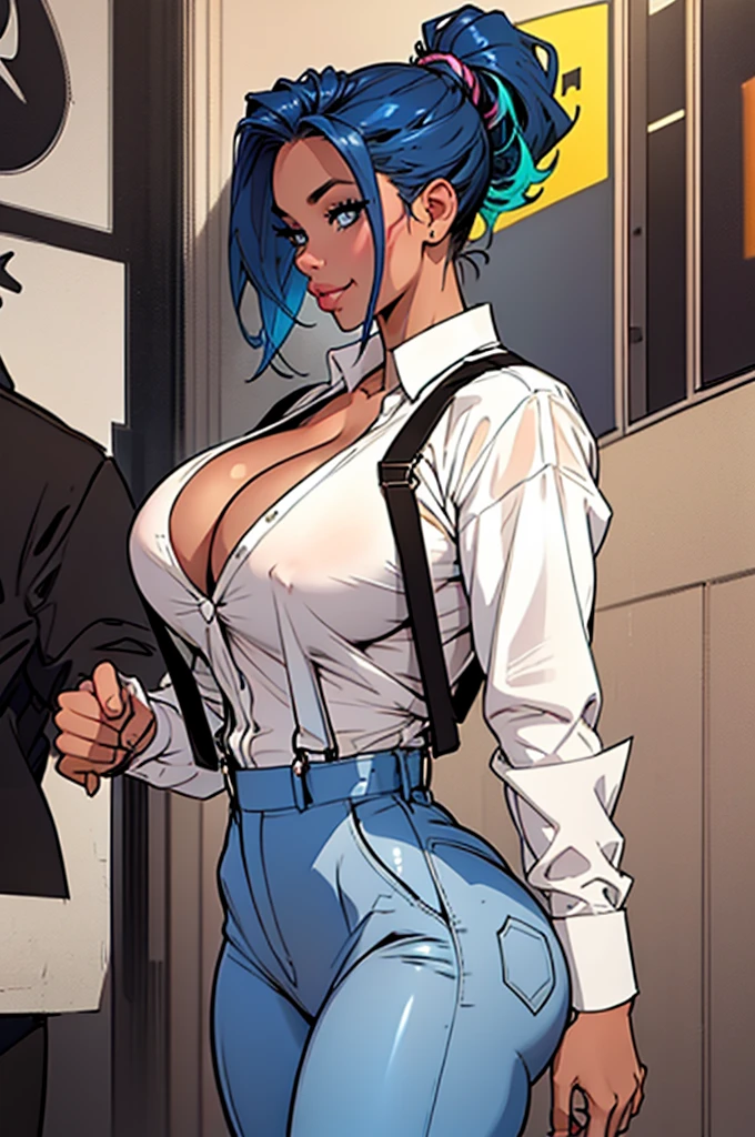 1girl, Latina woman ((white shirt, black tie, suspenders, massive breasts: 1,4, colossal cleavage: 2.0, exposed breasts)), luminous skin, exquisite face, round face, steady look, ponytail multicoloredl blue hair, slender waist, wide hips, glowing mouth, thick-thighs, muscular arms, grinning, bulging woman, symmetrical eyes, detailed hands, detailed eyes, attractive body, Beautiful and symmetrical body, perfect body, curvy body. striking a delicate pose