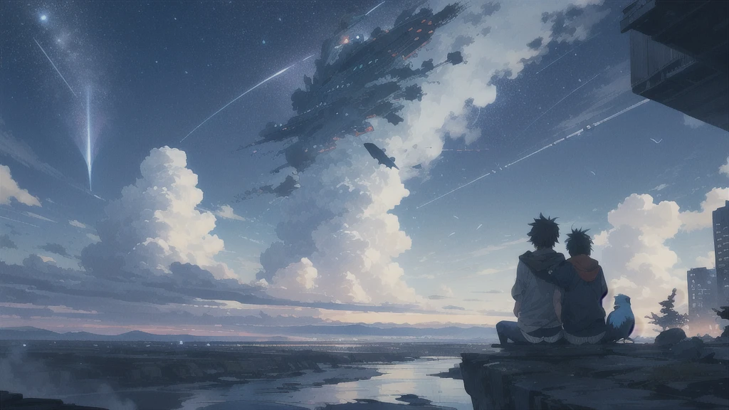 真っ暗なnight空,Octane, star (null), scenery, Blue parakeet,star, night, A girl and a boy back to back, sit,Back view,Outdoor, city,Blue parakeet,building, cloud, 天のriver,silhouette