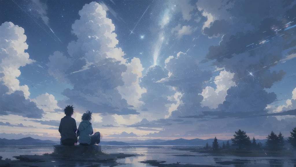 真っ暗なnight空,Octane, star (null), scenery, Blue parakeet,star, night, A girl and a boy back to back, sit,Back view,Outdoor, city,Blue parakeet,building, cloud, 天のriver,silhouette