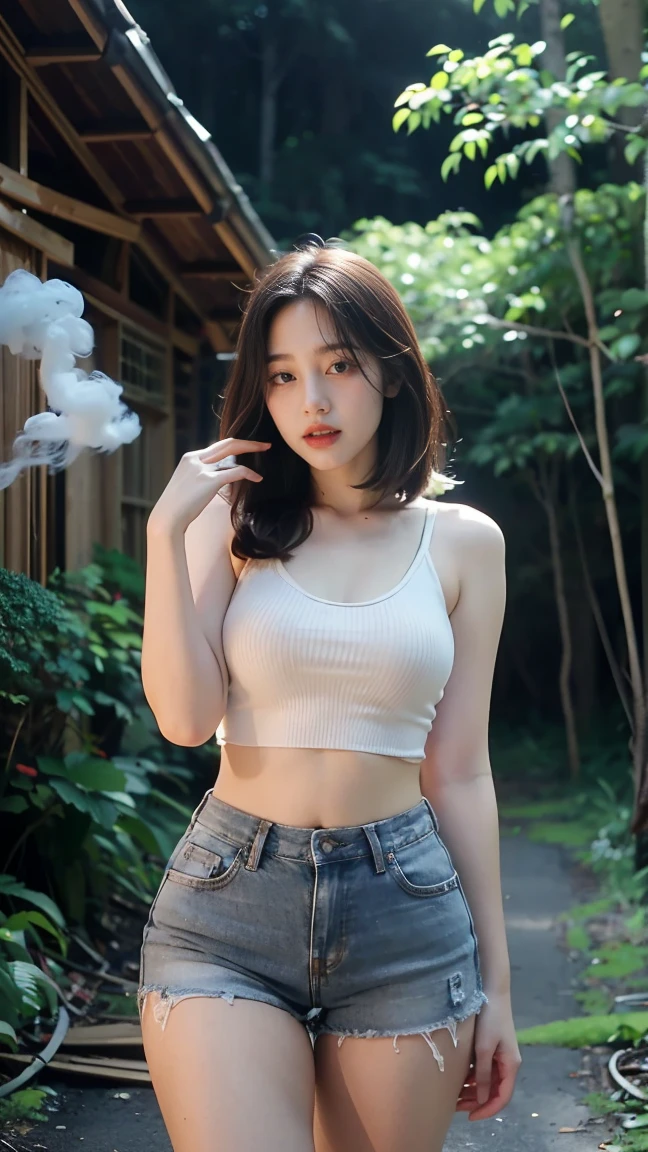 no, Ray tracing, Radio City, Anisotropic filtration, 16,000, best quality, 1 woman, alone, mature, The floating smoke makes the atmosphere look scary., Tank top, jeans shorts, Gradient long hair, laugh、night time、((big breasts)) 、(((Broken old wooden house in the forest))) (The atmosphere is like being in a horror movie.)