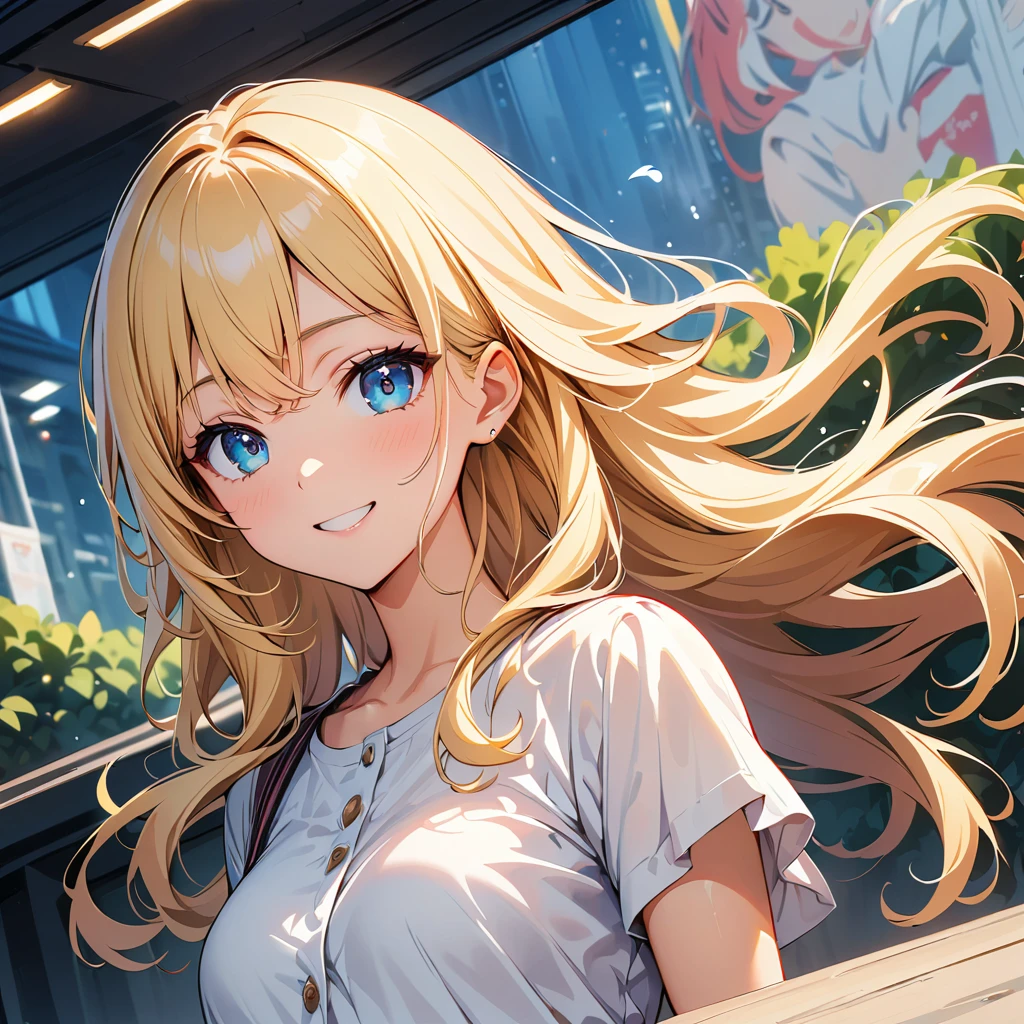 masterpiece, Highest quality, Super detailed, figure, Beautiful details, Depth of written boundary, Dynamic Angle, 8k wallpaper, Portraiture, Best light and shadow quality, 4K, 8k, CG, The finer details, Blurred Background, Upper Body, Contemporary, dress, blonde, Long Hair, Beautiful Eyes, Beautiful splashes,Broken heart and cutting my hair short、And get your beautiful smile back