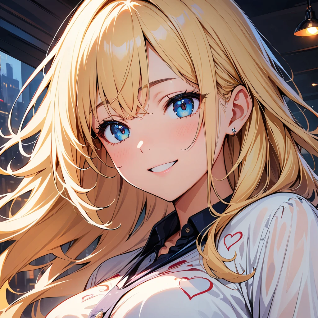 masterpiece, Highest quality, Super detailed, figure, Beautiful details, Depth of written boundary, Dynamic Angle, 8k wallpaper, Portraiture, Best light and shadow quality, 4K, 8k, CG, The finer details, Blurred Background, Upper Body, Contemporary, dress, blonde, Long Hair, Beautiful Eyes, Beautiful splashes,Broken heart and cutting my hair short、And get your beautiful smile back