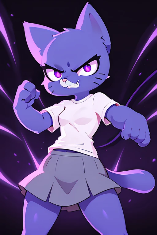 nicolewatterson, cat, blue fur, white shirt, gray skirt, angry, purple glowing eyes, purple rays, darken background