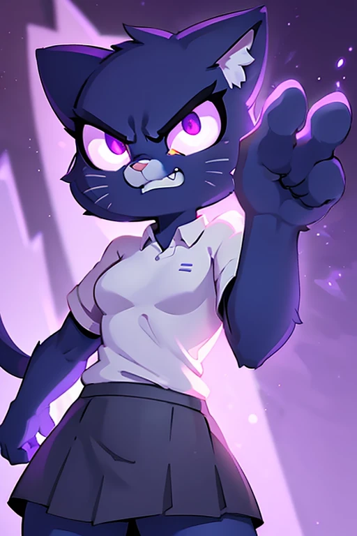 nicolewatterson, cat, blue fur, white shirt, gray skirt, angry, purple glowing eyes, purple rays, darken background