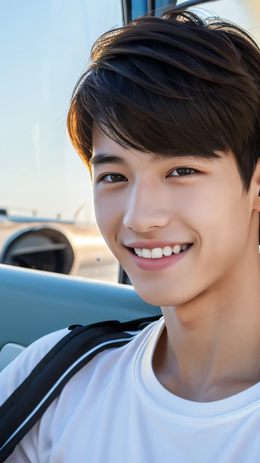 Highest quality, masterpiece, Ultra-high resolution, (Realistic: 1.4), Original photo, wallpaper, Head Photo, skin, Simple Background, Iris, detailed, Selfie, 1 boy, 18-year-old, good looking, Wind Smile,Inside the plane